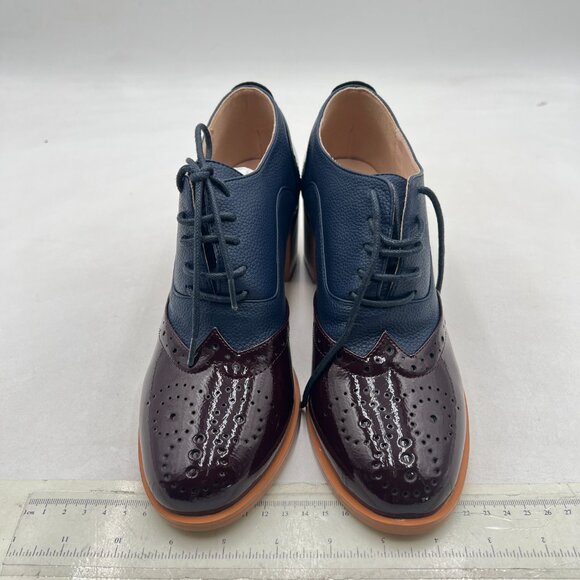 FOWT Blue Women's Perforated Lace-Up Oxfords Almond Toe Mid Chunky Heel Shoes - Picture 3 of 8